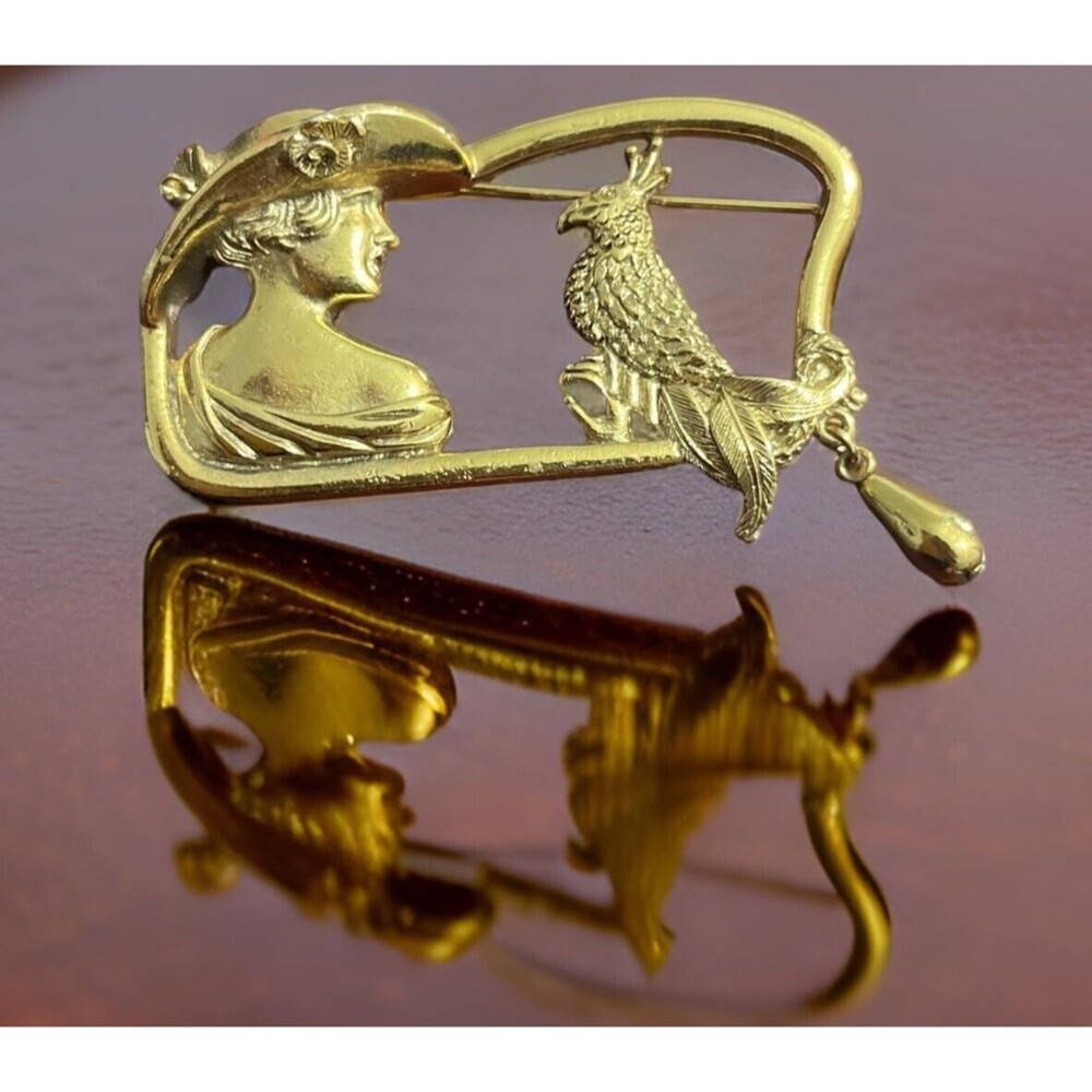 Brooch PIN Art Nouveau style Victorian LADY in Hat holding BIRD